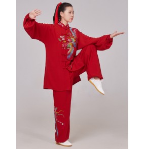 Red Blue Embroidered Tai chi clothing for women Chinese kung fu embroidered phoenix performance martial arts wushu compeititon suit wrinkle-resistant breathable clothes